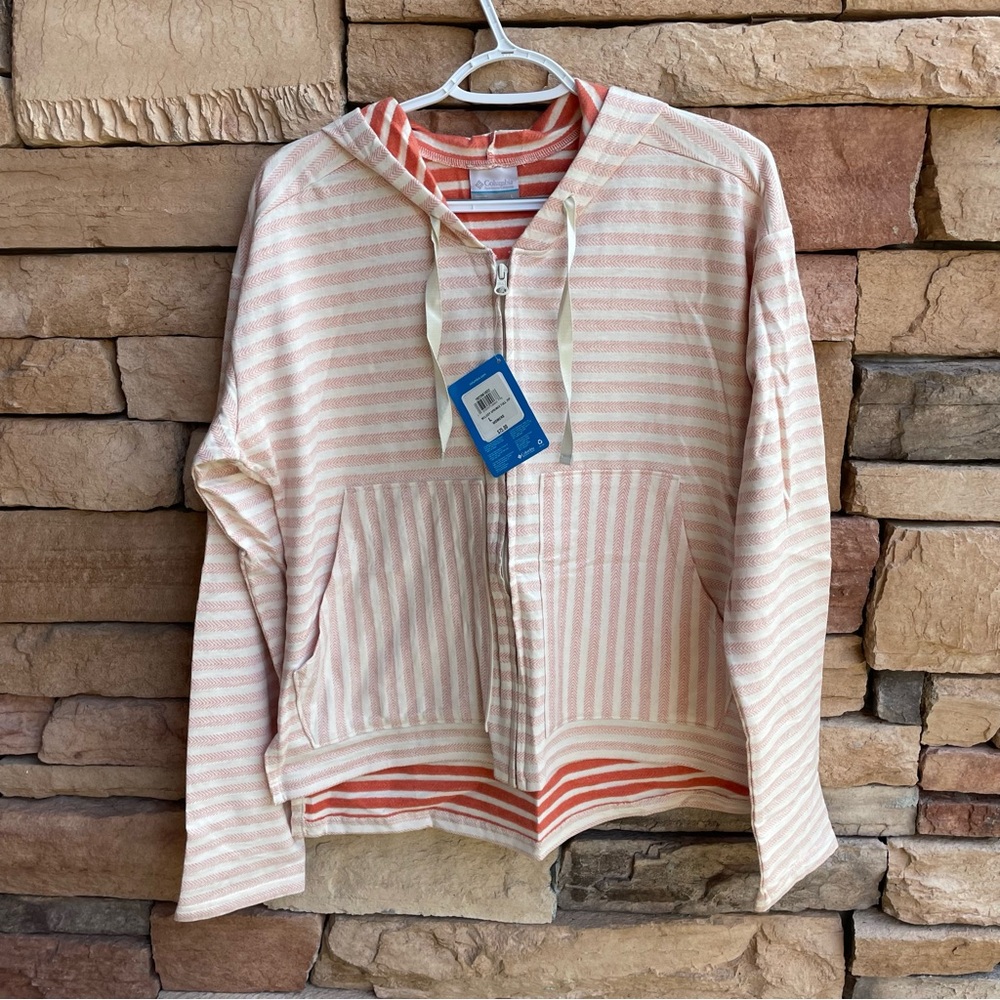 Columbia ivory orange striped zip up hoodie sweatshirt jacket Women Large NWT